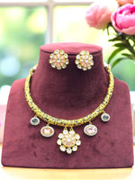 Antique Gold Floral Kundan Pendant Necklace Set with Stud Earrings Traditional Designer Jewelry - Libasaa.com