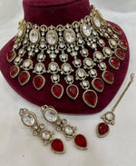 Grand Emerald Green Kundan Choker Necklace Set with Earrings & Maang Tikka Bridal Polki Jewelry - Libasaa.com