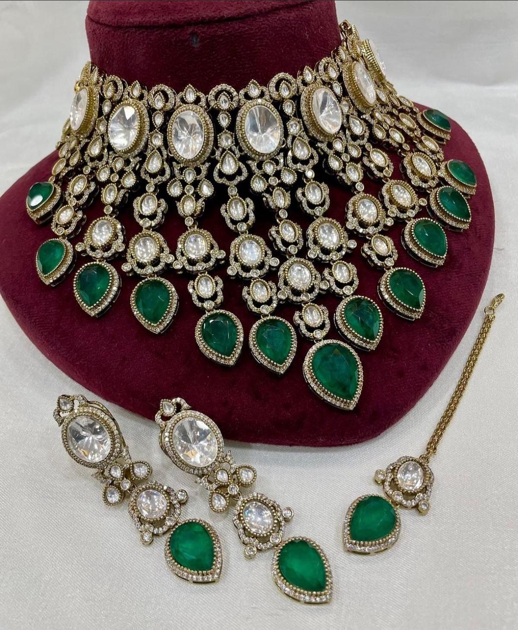Grand Emerald Green Kundan Choker Necklace Set with Earrings & Maang Tikka Bridal Polki Jewelry - Libasaa.com