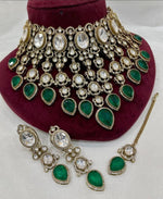 Grand Emerald Green Kundan Choker Necklace Set with Earrings & Maang Tikka Bridal Polki Jewelry - Libasaa.com