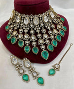 Grand Emerald Green Kundan Choker Necklace Set with Earrings & Maang Tikka Bridal Polki Jewelry - Libasaa.com