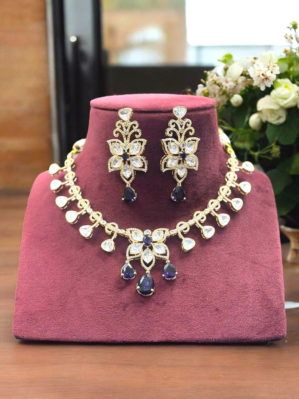 Gold-Plated Kundan Necklace Set with Ruby Red Drops & Earrings Bridal & Festive Jewelry Set - Libasaa.com