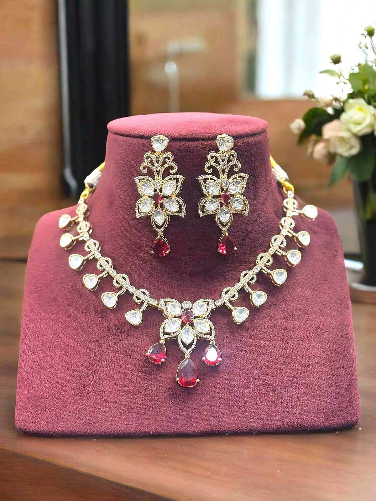 Gold-Plated Kundan Necklace Set with Ruby Red Drops & Earrings Bridal & Festive Jewelry Set - Libasaa.com
