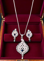 Elegant Silver Crystal Leaf Pendant Necklace Set with Matching Drop Earrings Party & Festive Wear - Libasaa.com