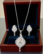 Elegant Silver Crystal Leaf Pendant Necklace Set with Matching Drop Earrings Party & Festive Wear - Libasaa.com