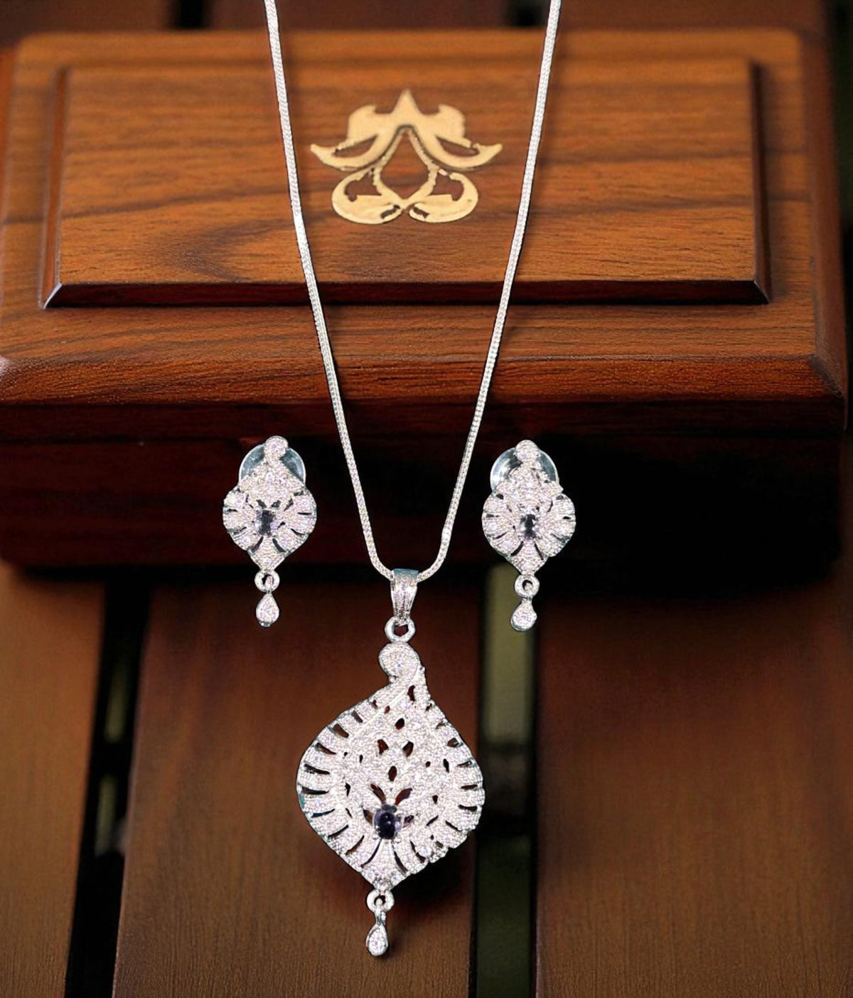 Elegant Silver Crystal Leaf Pendant Necklace Set with Matching Drop Earrings Party & Festive Wear - Libasaa.com
