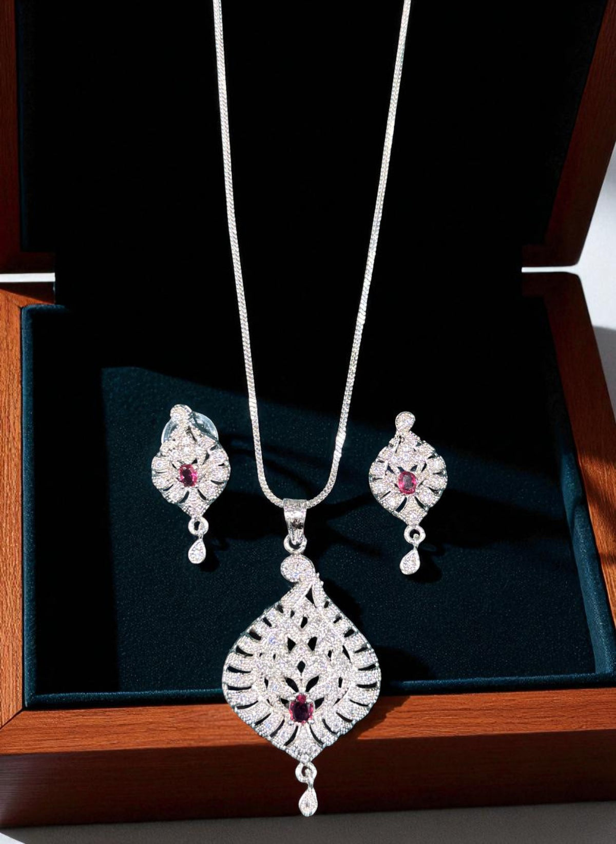 Elegant Silver Crystal Leaf Pendant Necklace Set with Matching Drop Earrings Party & Festive Wear - Libasaa.com