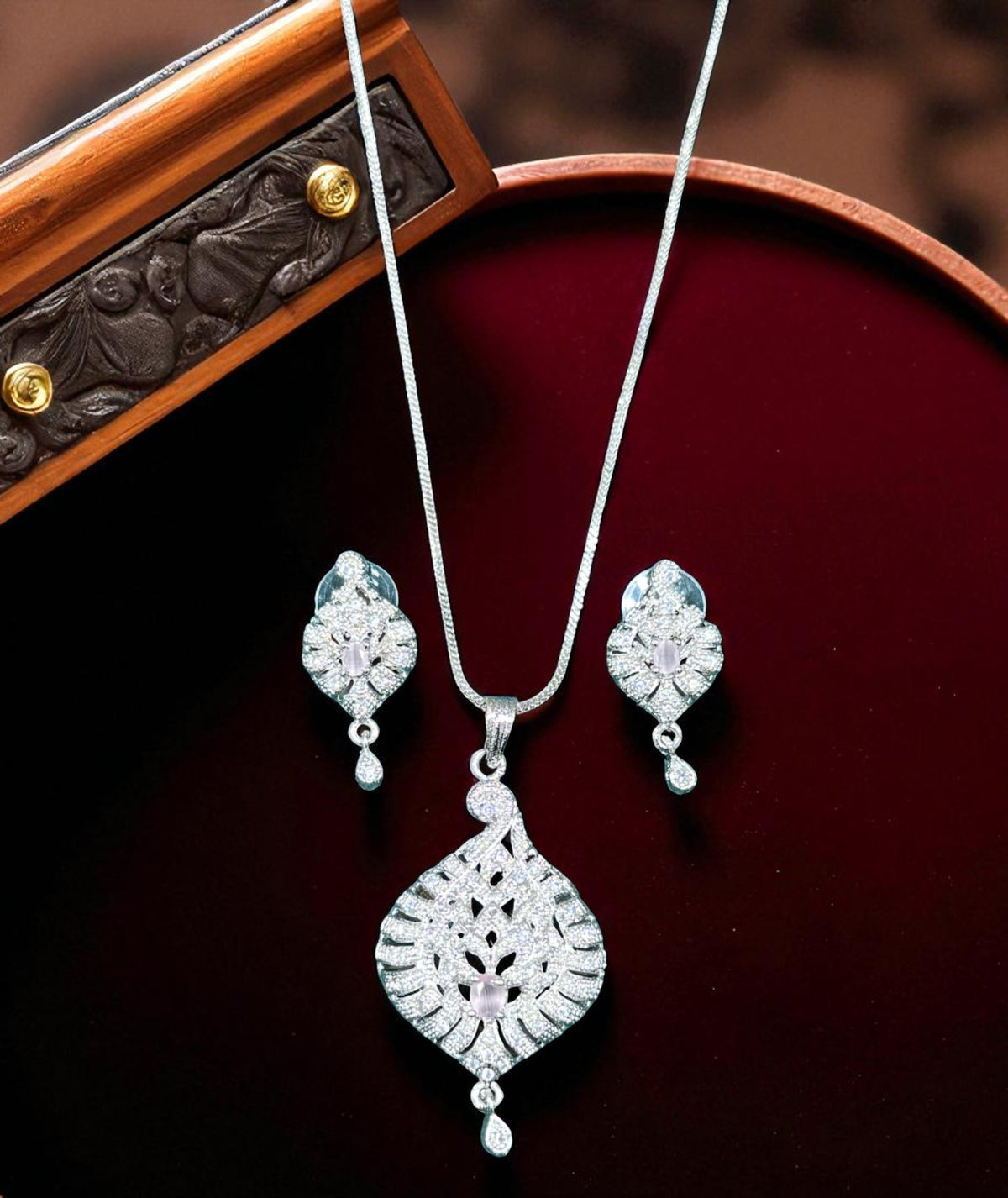 Elegant Silver Crystal Leaf Pendant Necklace Set with Matching Drop Earrings Party & Festive Wear - Libasaa.com