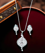 Elegant Silver Crystal Leaf Pendant Necklace Set with Matching Drop Earrings Party & Festive Wear - Libasaa.com