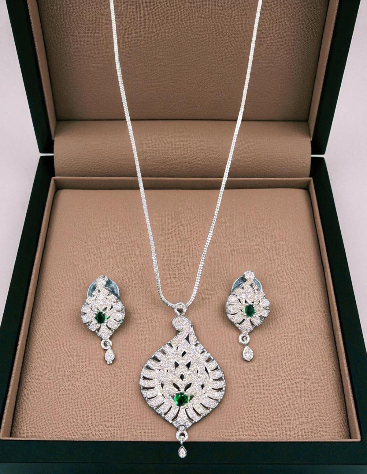 Elegant Silver Crystal Leaf Pendant Necklace Set with Matching Drop Earrings Party & Festive Wear - Libasaa.com