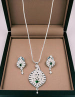 Elegant Silver Crystal Leaf Pendant Necklace Set with Matching Drop Earrings Party & Festive Wear - Libasaa.com