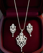 Royal Emerald Stone Silver Plated Necklace Set with Intricate Drop Earrings Bridal & Festive Jewelry - Libasaa.com