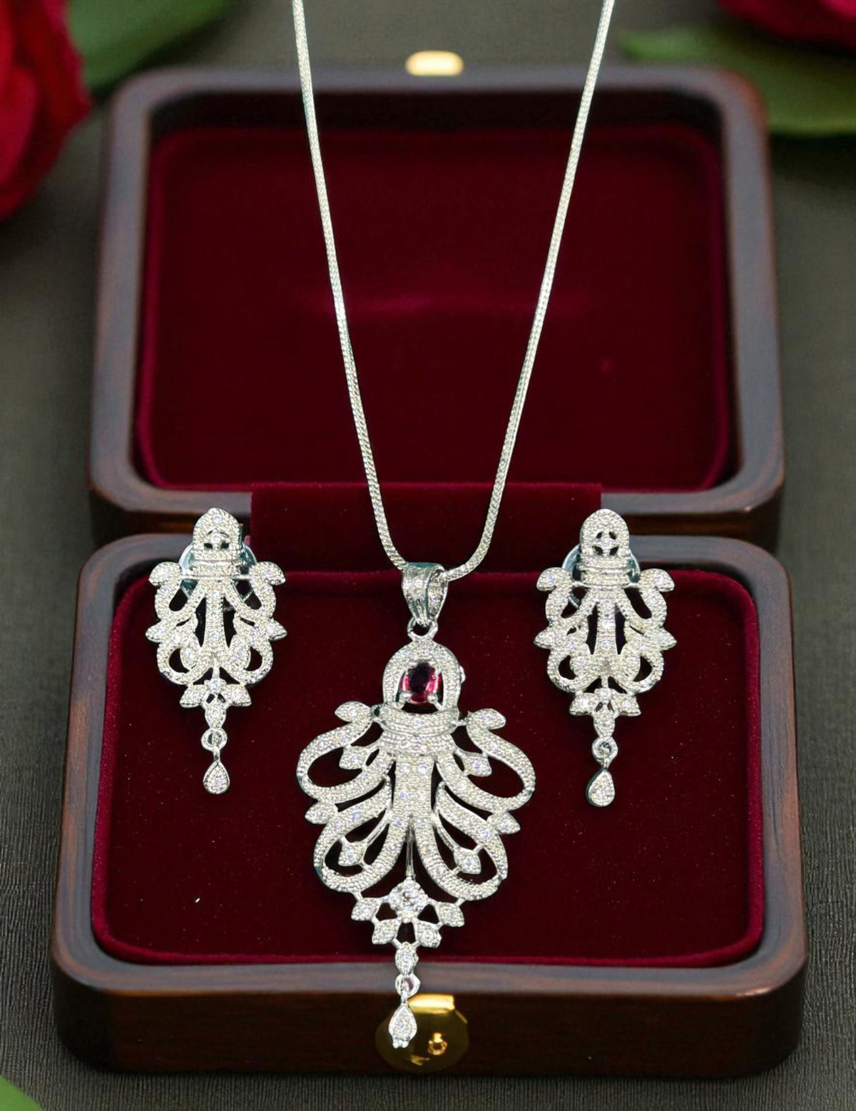 Royal Emerald Stone Silver Plated Necklace Set with Intricate Drop Earrings Bridal & Festive Jewelry - Libasaa.com