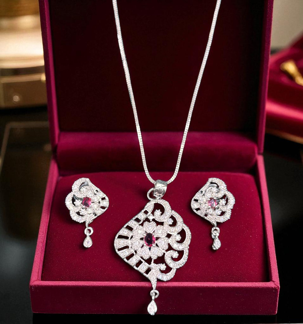 Graceful Diamond-Cut Floral Pendant Necklace Set with Matching Earrings Elegant Silver Finish - Libasaa.com