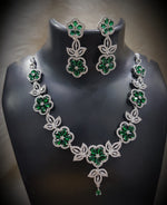 Emerald Blossom Floral Necklace Set with Matching Earrings Diamond-Cut CZ & Green Stone Elegance - Libasaa.com