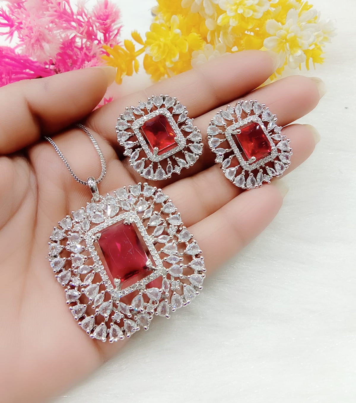 Radiant Red Emerald-Cut Stone Pendant Necklace Set with Designer Halo Earrings Party & Festive Jewelry - Libasaa.com