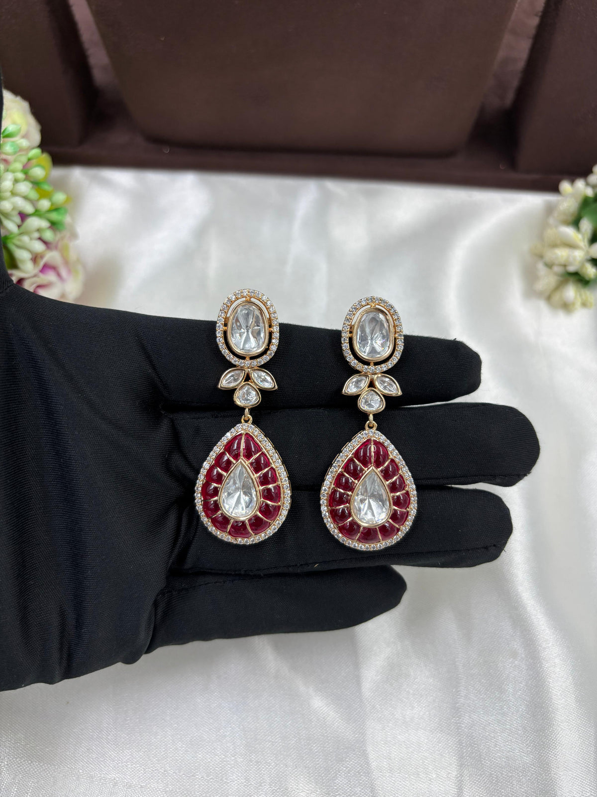 Ruby Red Kundan Polki Necklace Set with Matching Earrings β Bridal Tear Drop Design in Antique Gold Finish - Libasaa.com