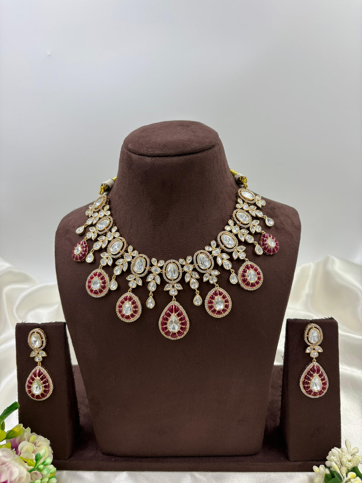 Ruby Red Kundan Polki Necklace Set with Matching Earrings β Bridal Tear Drop Design in Antique Gold Finish - Libasaa.com