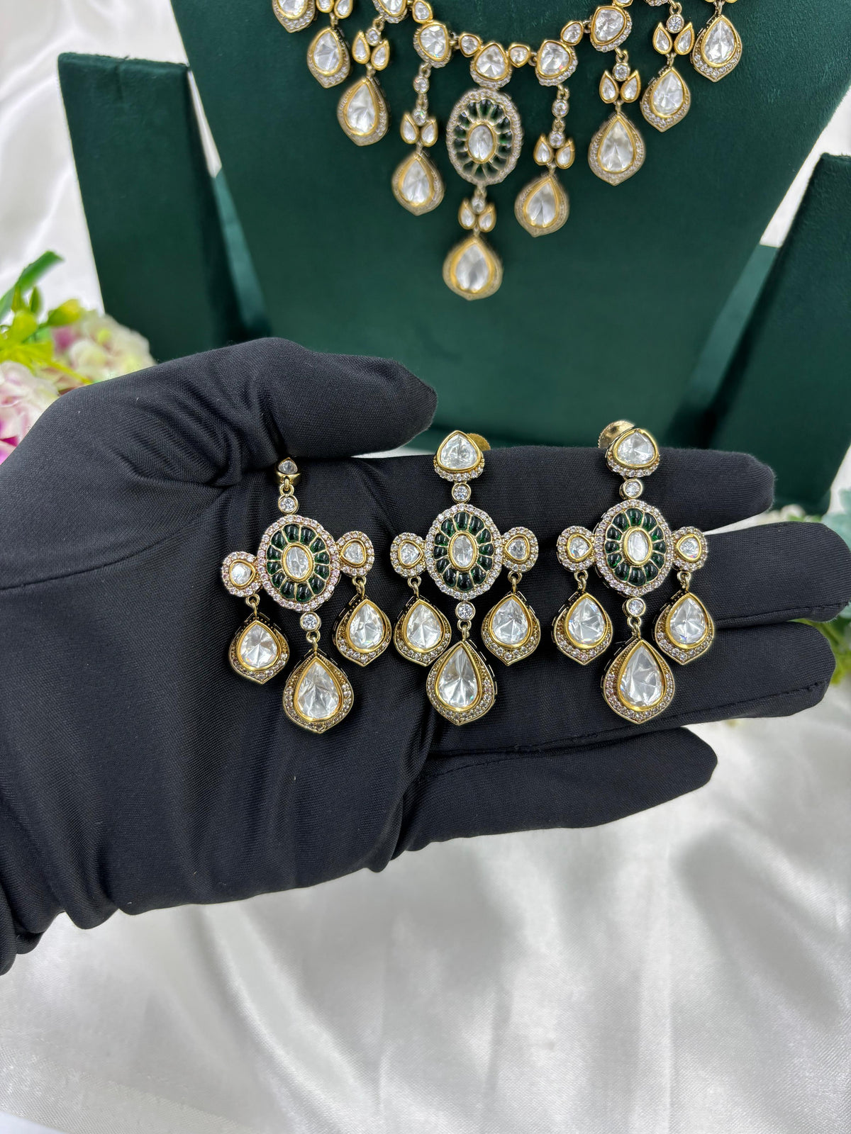 Elegant Polki Teardrop Bridal Necklace Set with Matching Earrings & Maang Tikka Antique Gold Finish - Libasaa.com