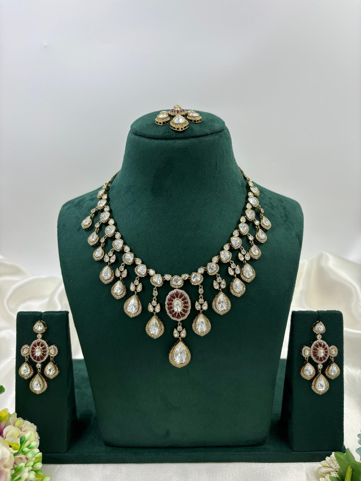 Elegant Polki Teardrop Bridal Necklace Set with Matching Earrings & Maang Tikka Antique Gold Finish - Libasaa.com