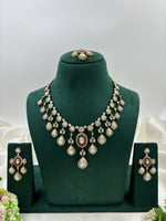 Elegant Polki Teardrop Bridal Necklace Set with Matching Earrings & Maang Tikka Antique Gold Finish - Libasaa.com