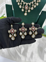 Elegant Polki Teardrop Bridal Necklace Set with Matching Earrings & Maang Tikka Antique Gold Finish - Libasaa.com