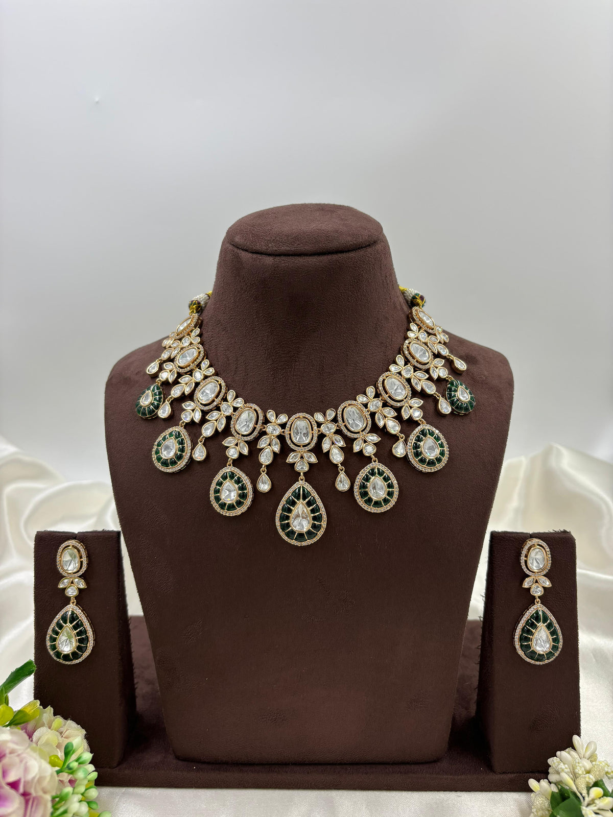 Ruby Red Kundan Polki Necklace Set with Matching Earrings β Bridal Tear Drop Design in Antique Gold Finish - Libasaa.com