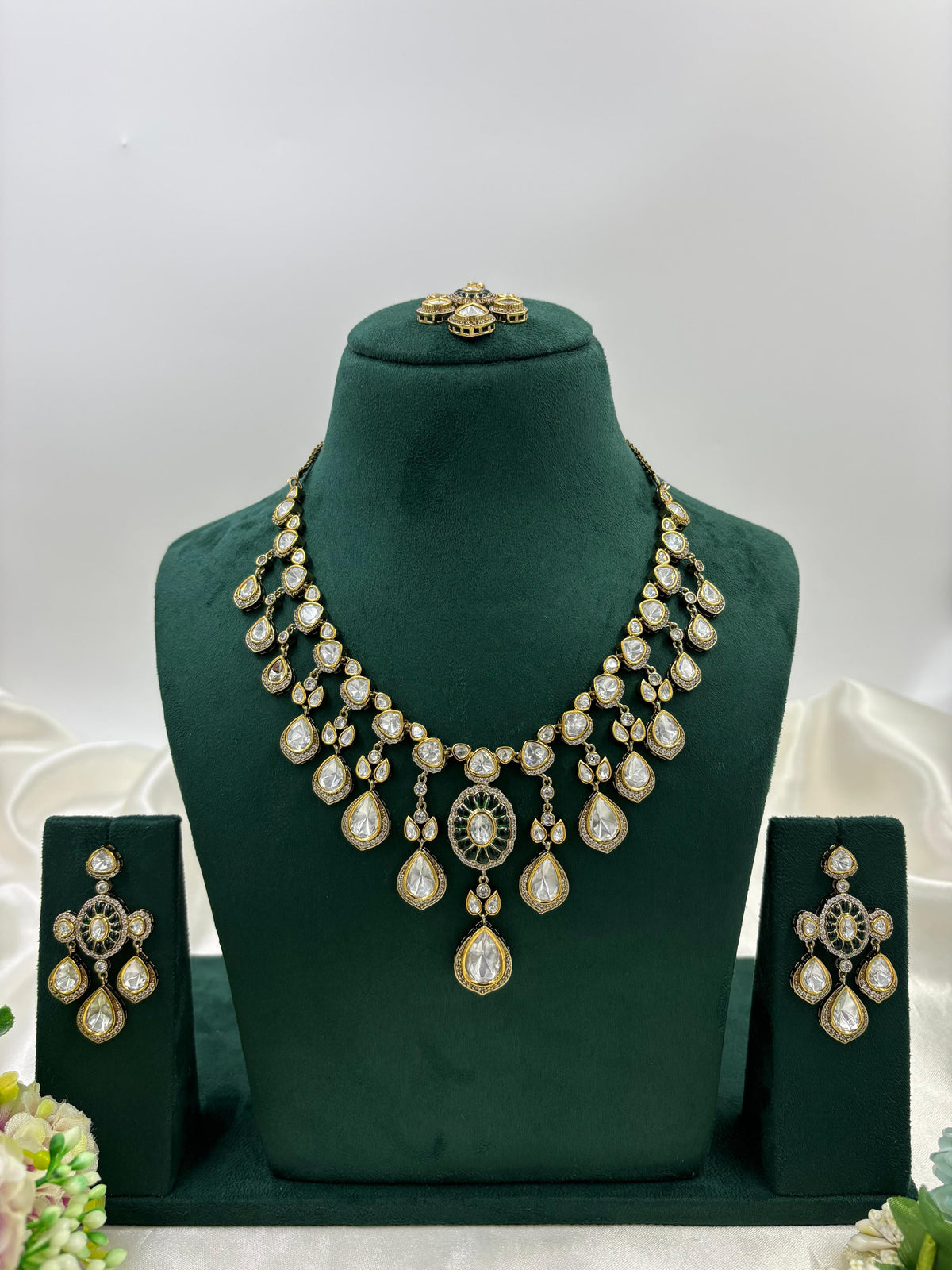 Elegant Polki Teardrop Bridal Necklace Set with Matching Earrings & Maang Tikka Antique Gold Finish - Libasaa.com