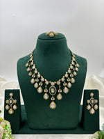 Elegant Polki Teardrop Bridal Necklace Set with Matching Earrings & Maang Tikka Antique Gold Finish - Libasaa.com