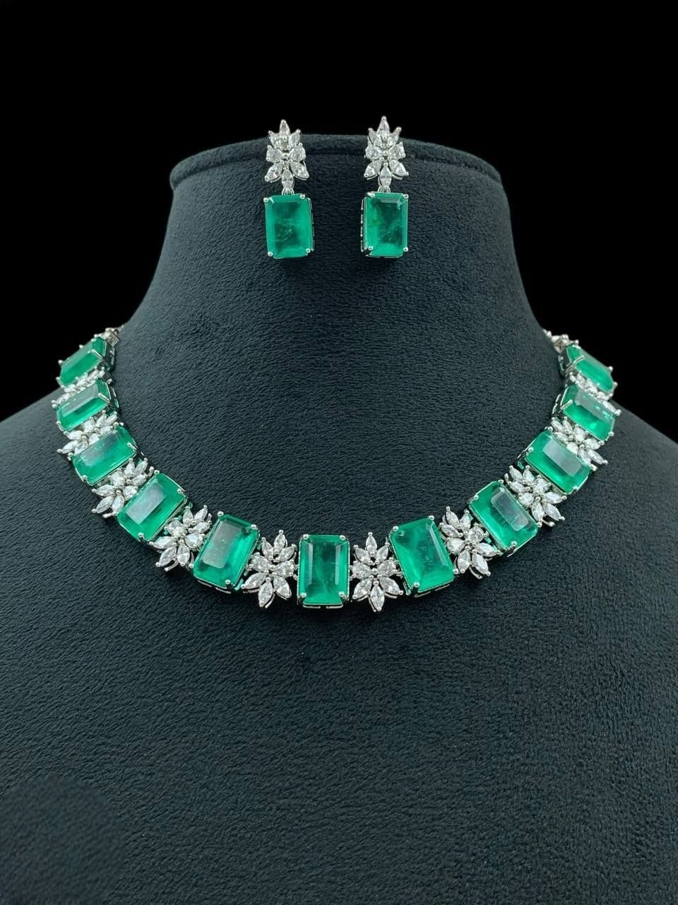 Luxury Emerald Cut Green Stone Necklace Set with Diamond Accents – Bridal & Festive Jewelry - Libasaa.com