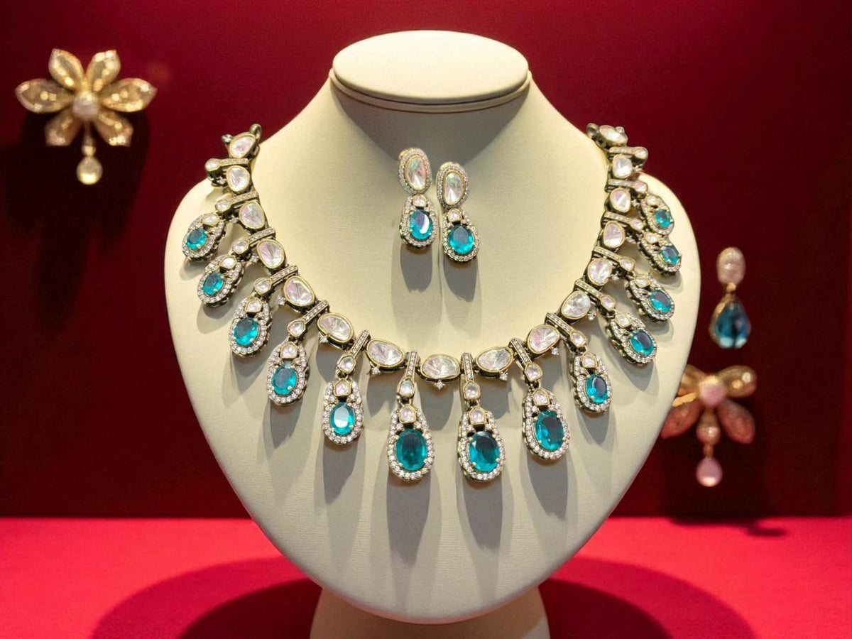 Rose Pink Teardrop Polki Necklace Set with CZ Accents Bridal & Ethnic Glam Jewelry - Libasaa.com