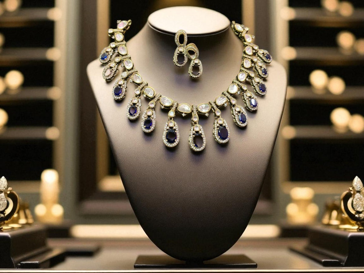 Rose Pink Teardrop Polki Necklace Set with CZ Accents Bridal & Ethnic Glam Jewelry - Libasaa.com