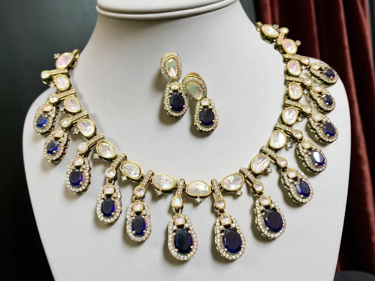 Rose Pink Teardrop Polki Necklace Set with CZ Accents Bridal & Ethnic Glam Jewelry - Libasaa.com