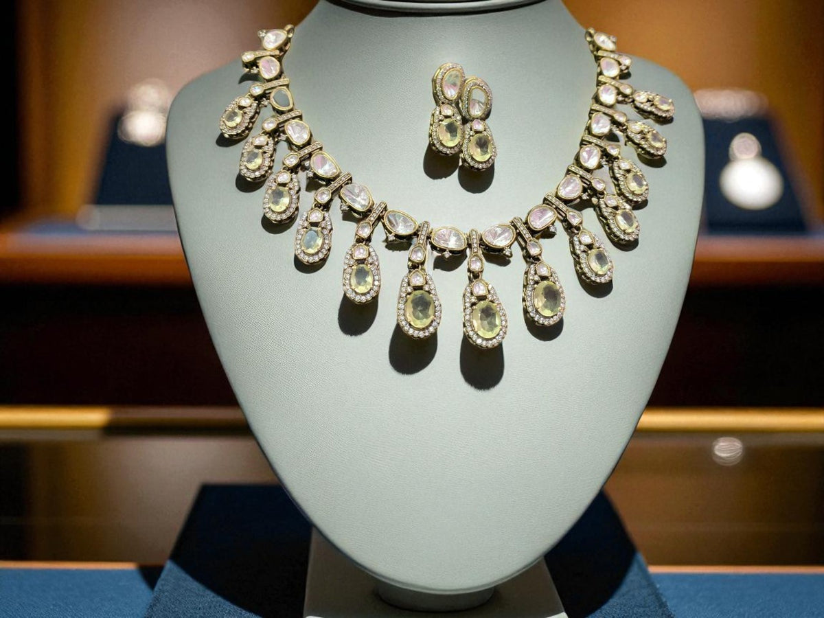 Rose Pink Teardrop Polki Necklace Set with CZ Accents Bridal & Ethnic Glam Jewelry - Libasaa.com