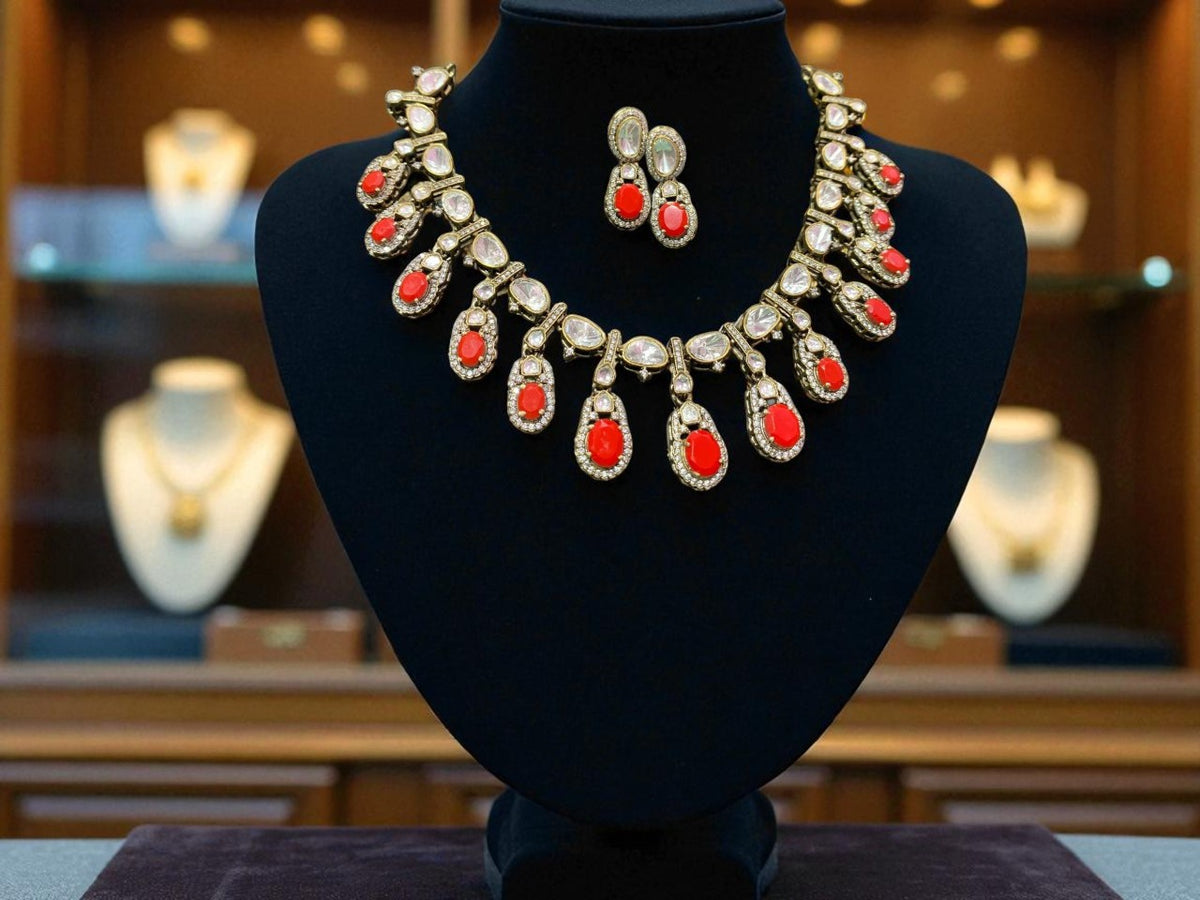 Rose Pink Teardrop Polki Necklace Set with CZ Accents Bridal & Ethnic Glam Jewelry - Libasaa.com