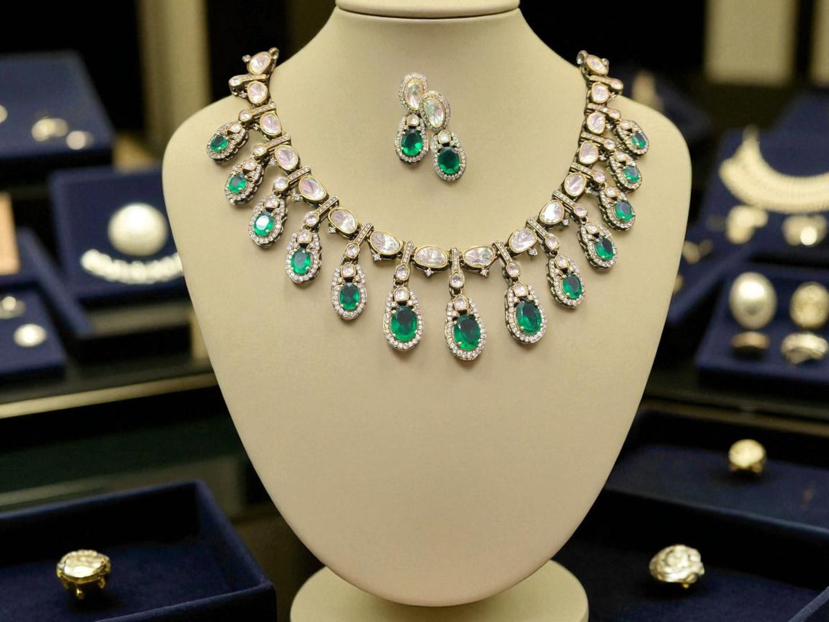 Rose Pink Teardrop Polki Necklace Set with CZ Accents Bridal & Ethnic Glam Jewelry - Libasaa.com