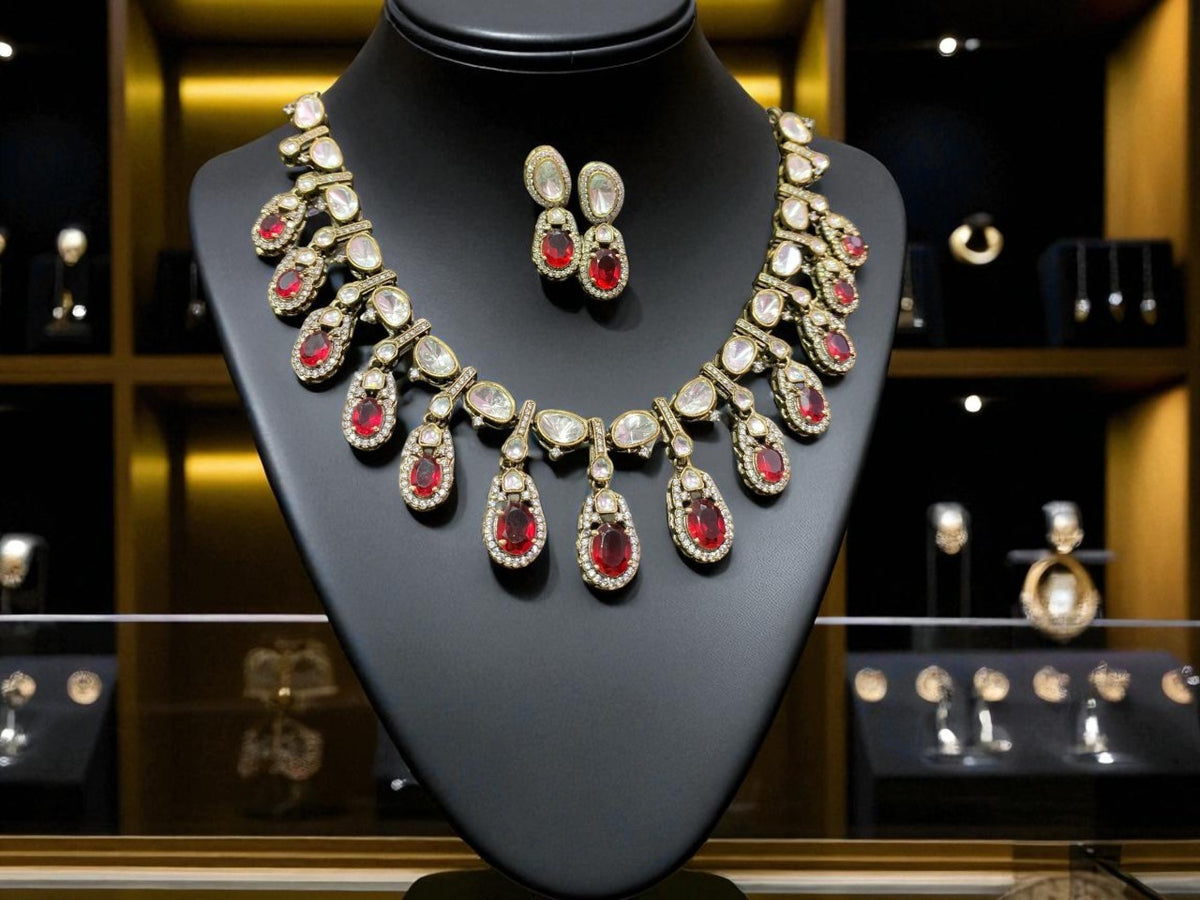 Rose Pink Teardrop Polki Necklace Set with CZ Accents Bridal & Ethnic Glam Jewelry - Libasaa.com