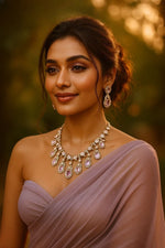 Rose Pink Teardrop Polki Necklace Set with CZ Accents Bridal & Ethnic Glam Jewelry - Libasaa.com