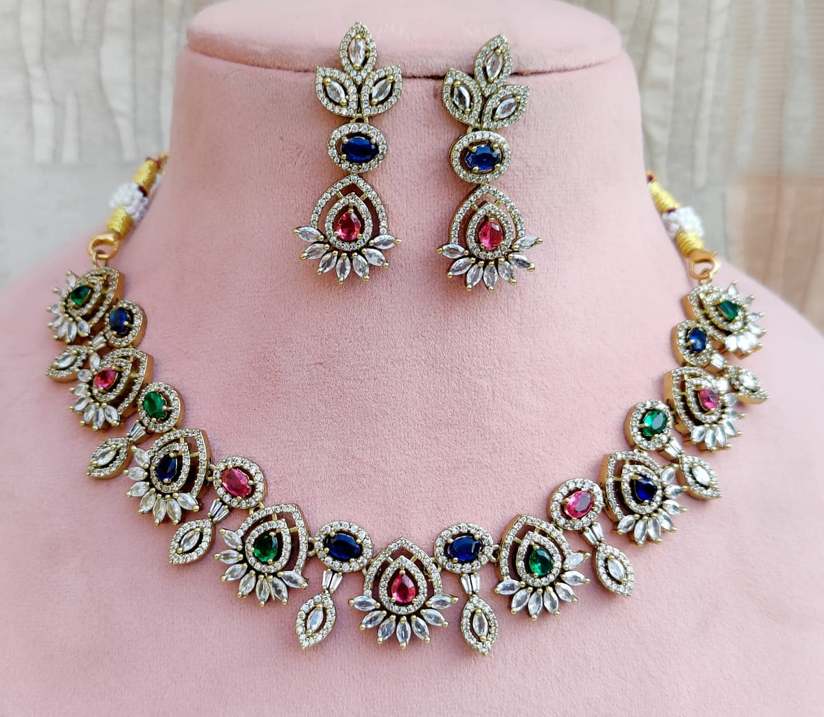 Elegant Rose Pink and White Stone Necklace Set with Matching Earrings - Libasaa.com