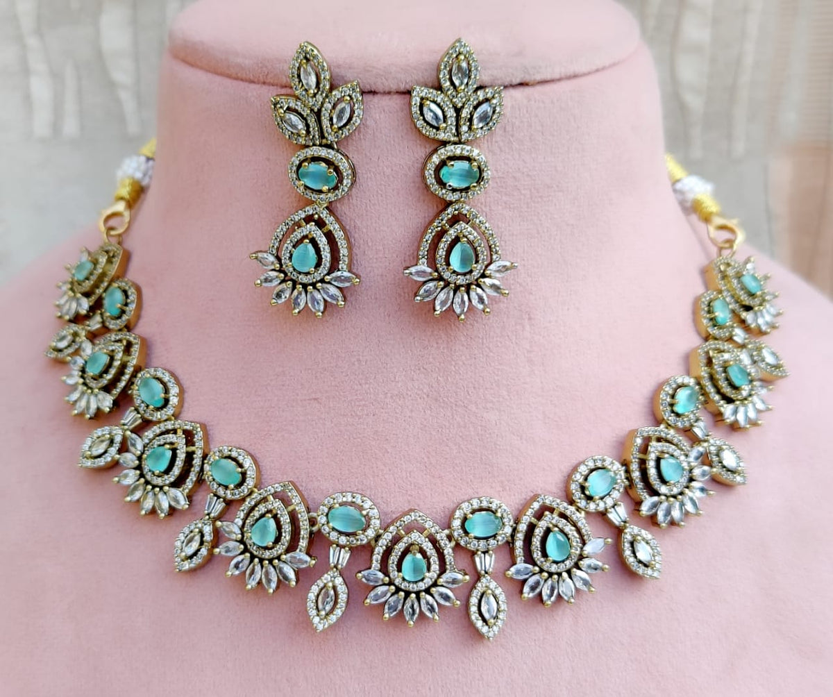 Elegant Rose Pink and White Stone Necklace Set with Matching Earrings - Libasaa.com