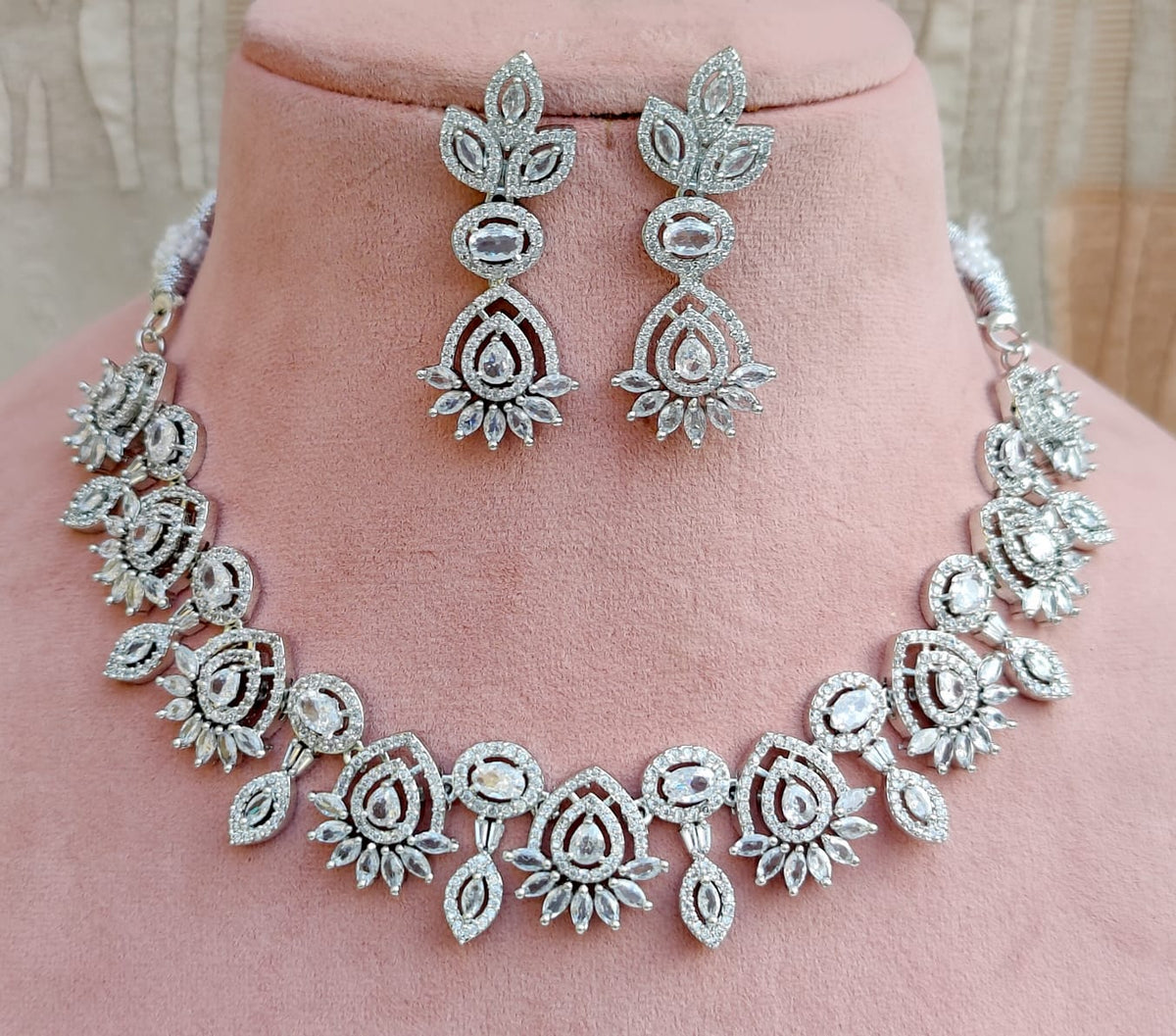 Elegant Rose Pink and White Stone Necklace Set with Matching Earrings - Libasaa.com