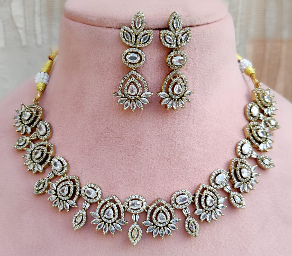 Elegant Rose Pink and White Stone Necklace Set with Matching Earrings - Libasaa.com