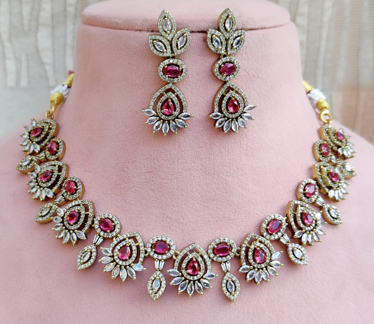 Elegant Rose Pink and White Stone Necklace Set with Matching Earrings - Libasaa.com