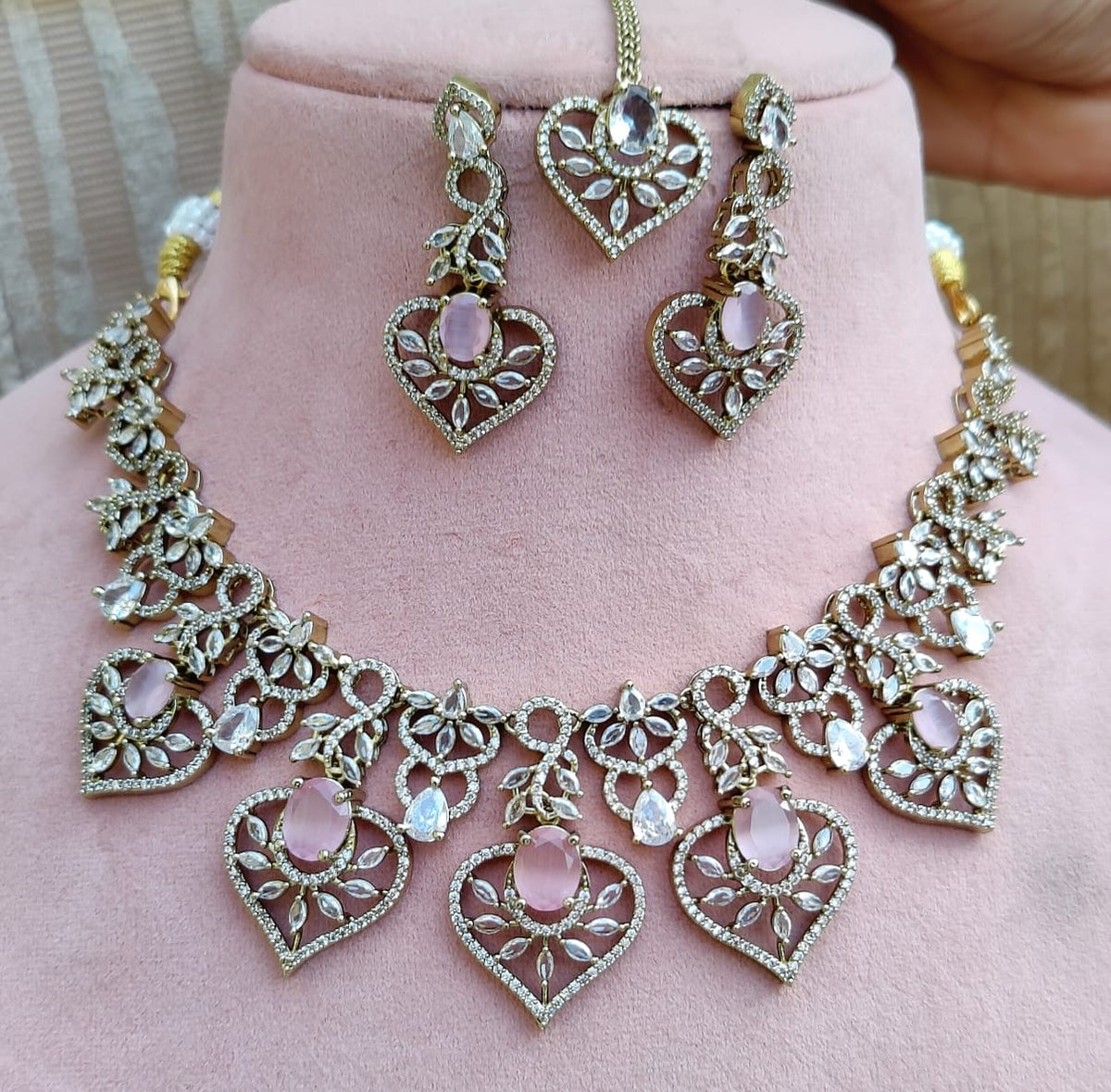 Sparkling Ruby and Diamond Stone Heart Necklace Set with Maang Tikka - Libasaa.com