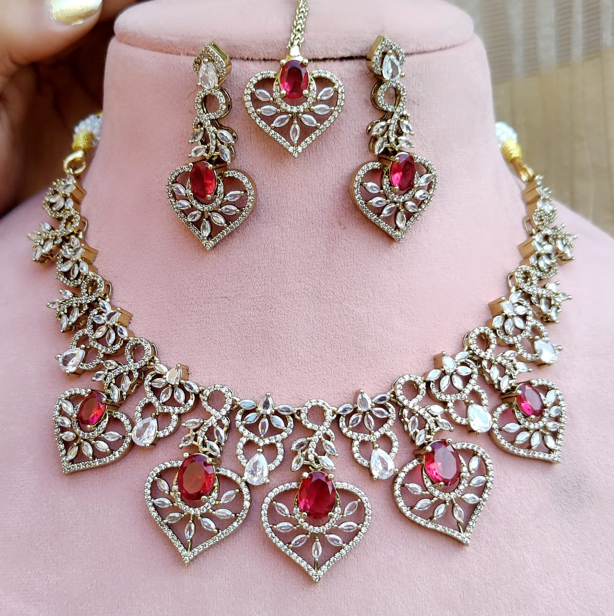 Sparkling Ruby and Diamond Stone Heart Necklace Set with Maang Tikka - Libasaa.com