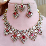 Sparkling Ruby and Diamond Stone Heart Necklace Set with Maang Tikka - Libasaa.com