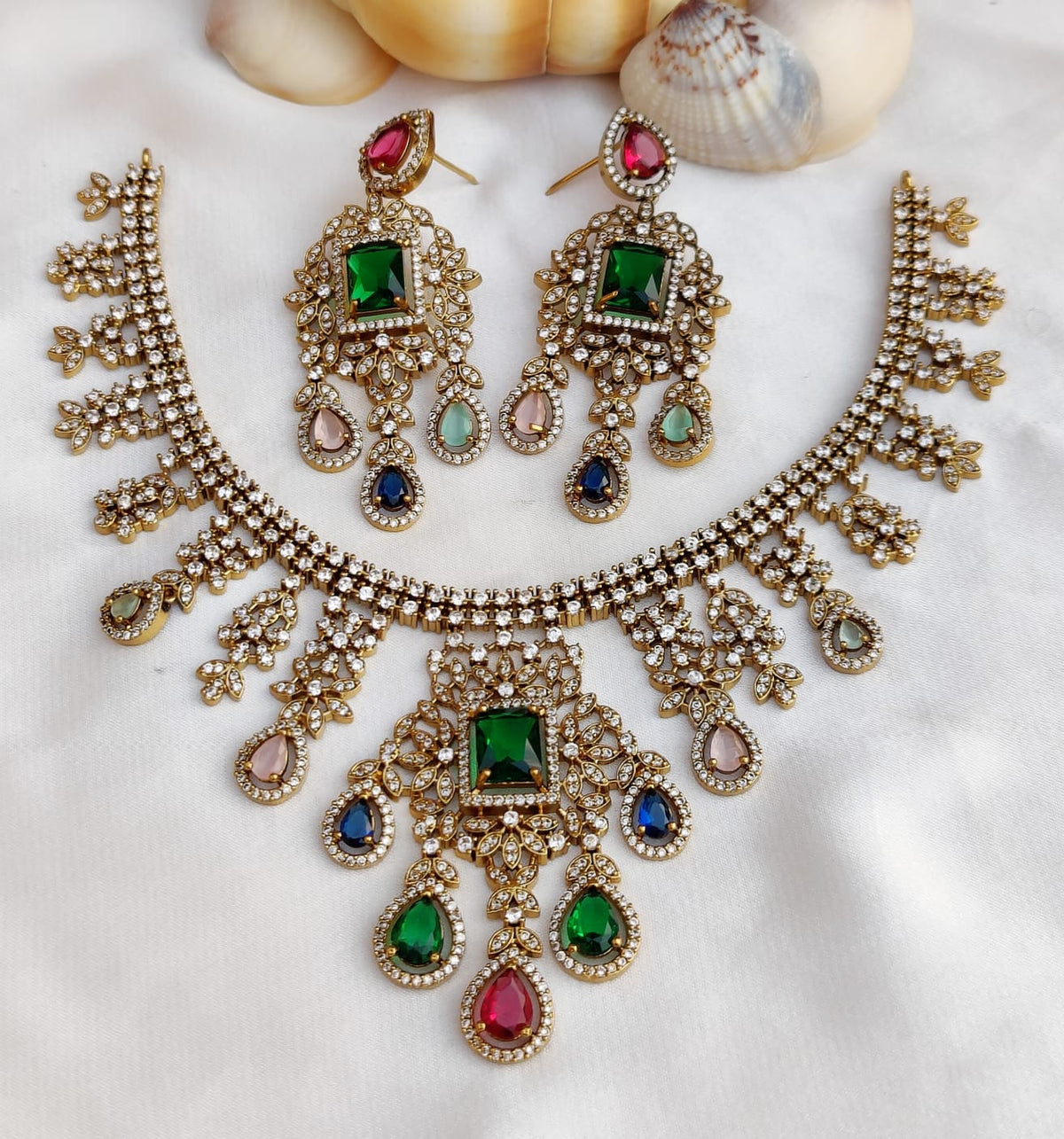 Royal Kundan Style Choker Set Polki & Emerald with Multicolor Drops - Libasaa.com