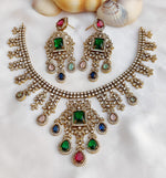 Royal Kundan Style Choker Set Polki & Emerald with Multicolor Drops - Libasaa.com