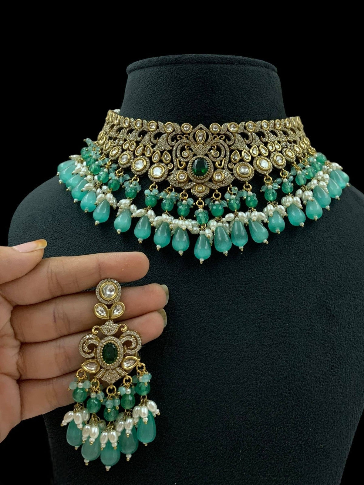 Pink Beaded Kundan Choker Necklace Set with Earrings Bridal & Party Wear Jewelry - Libasaa.com