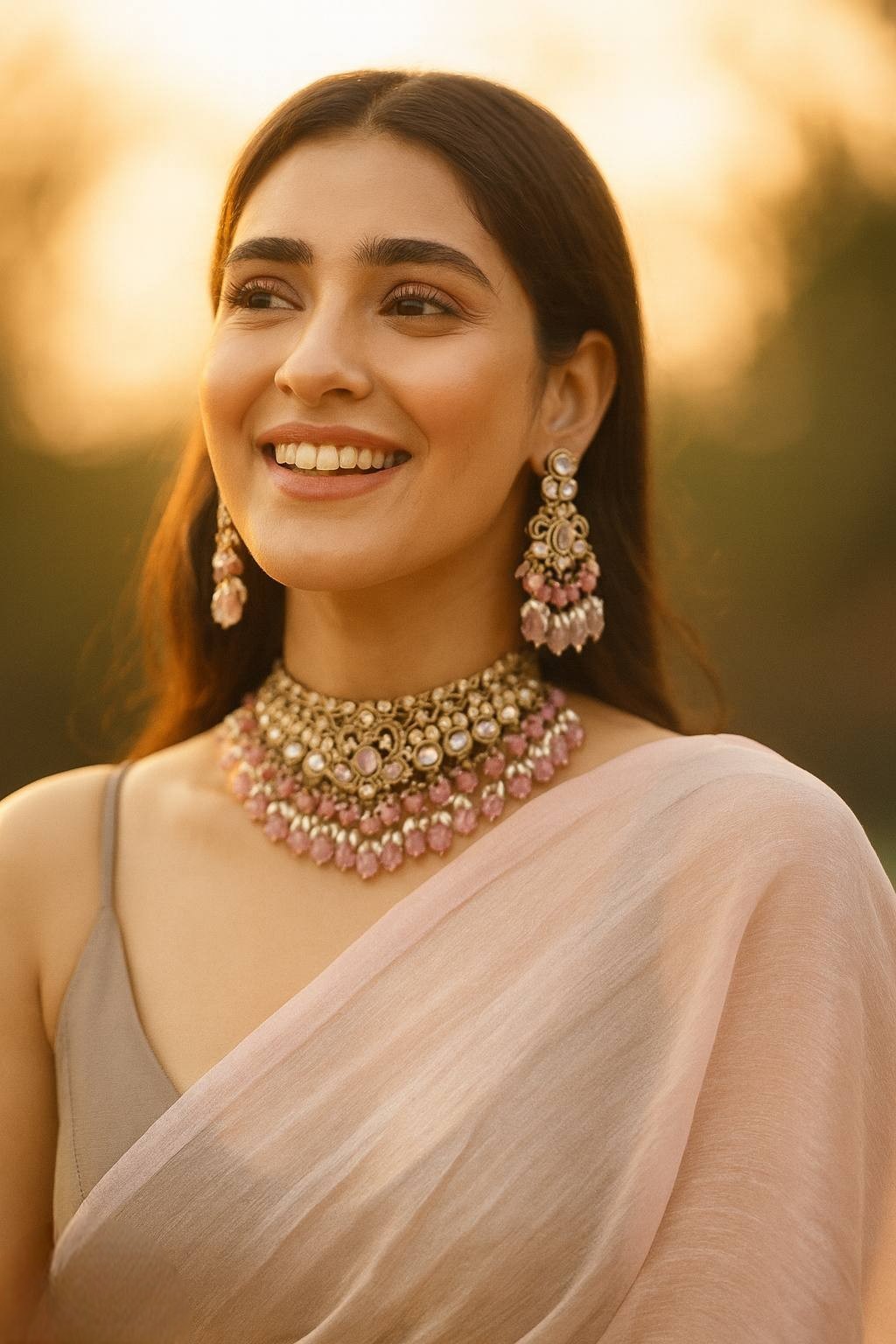 Pink Beaded Kundan Choker Necklace Set with Earrings Bridal & Party Wear Jewelry - Libasaa.com